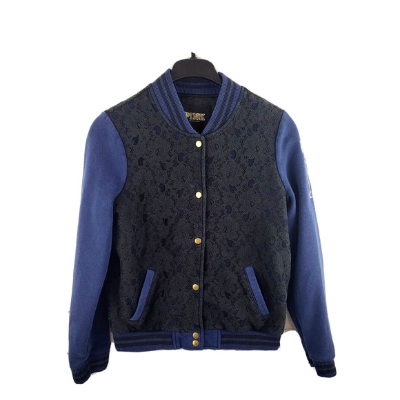Victoria's Secret Pink Limited Edition Lace Trim Varsity Jacket Blue & Black L - Picture 1 of 4